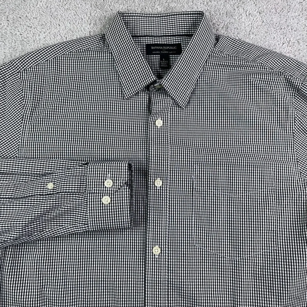 Banana Republic Shirt Mens Large Black Gingham Tailored Slim Fit‎ Non Iron